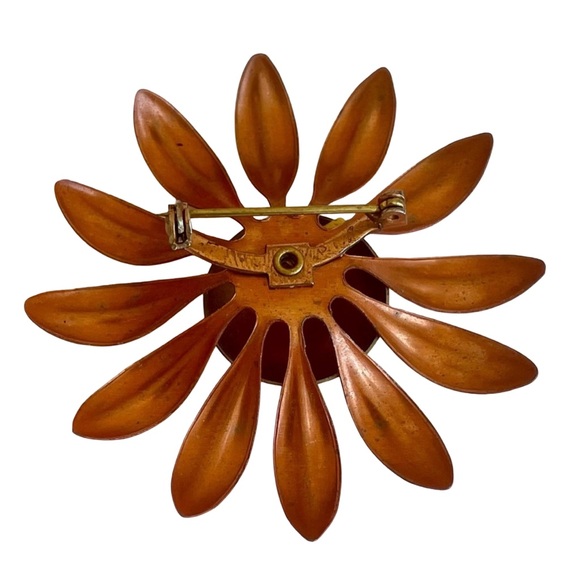 Vintage Enamel Flower Brooch Pin Orange And Yellow - Picture 3 of 4